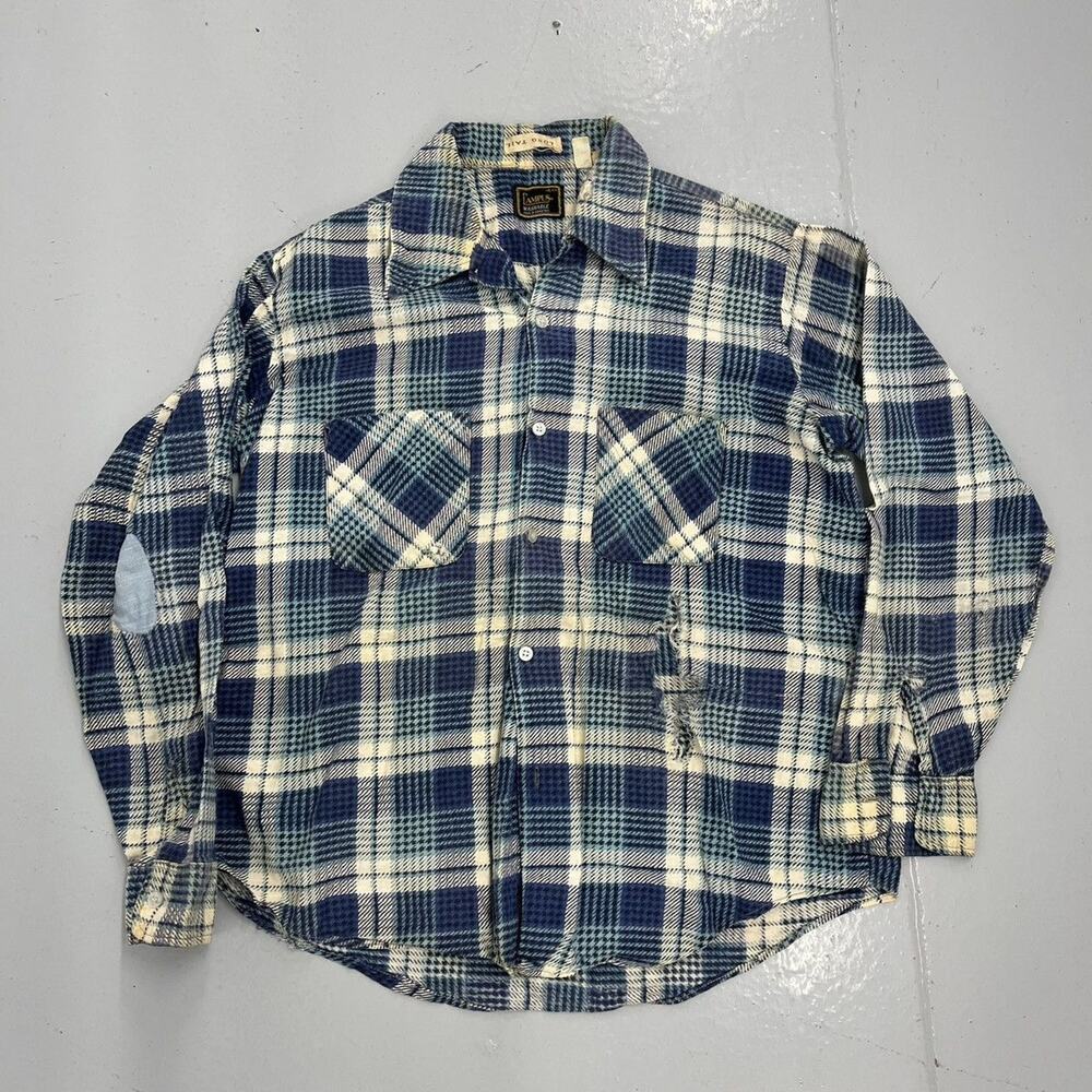 Vintage 70s Campus Blue Plaid Cotton Flannel